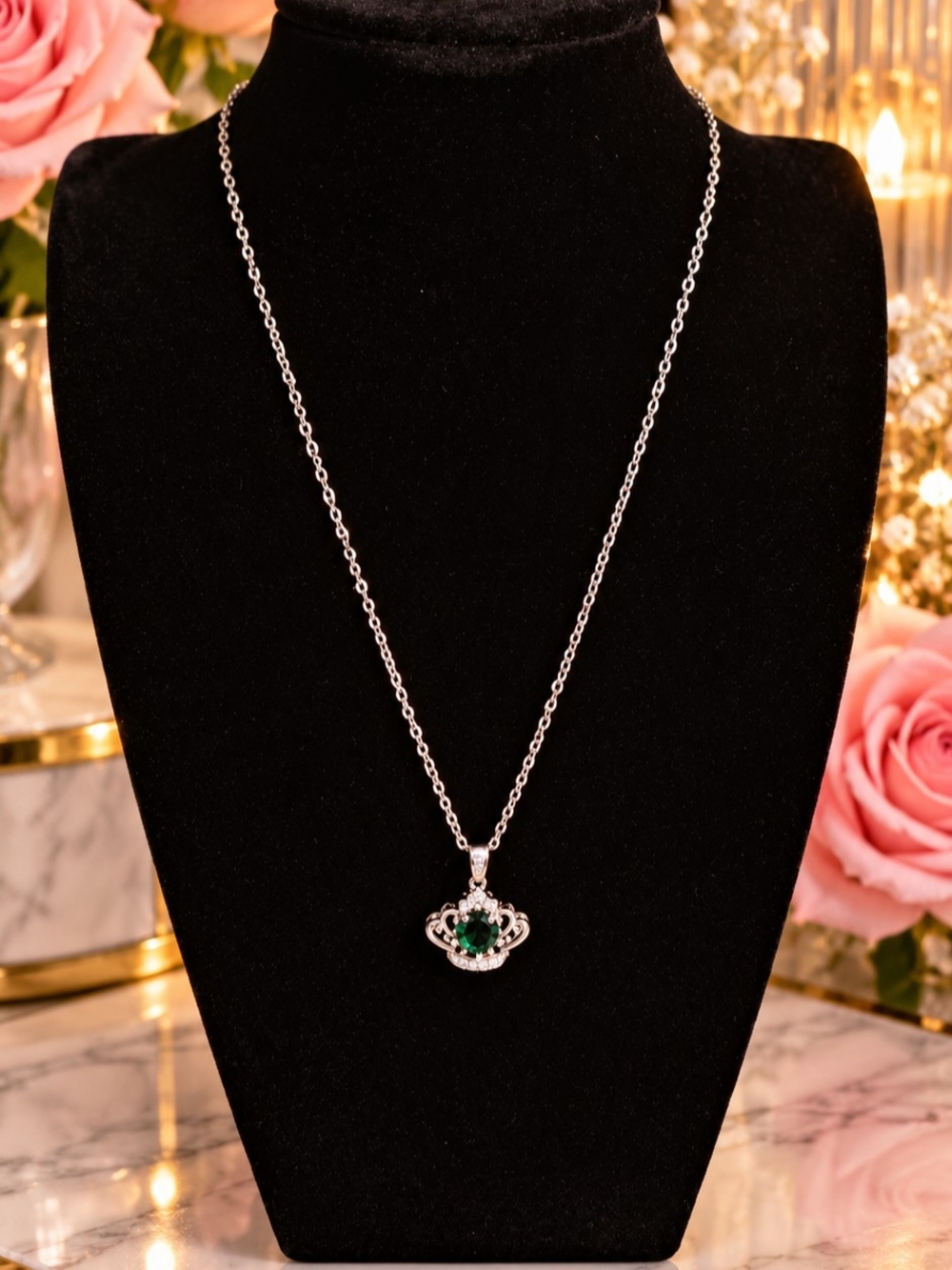 Silver Necklace with Emerald Green Pendant - Women Jewelry